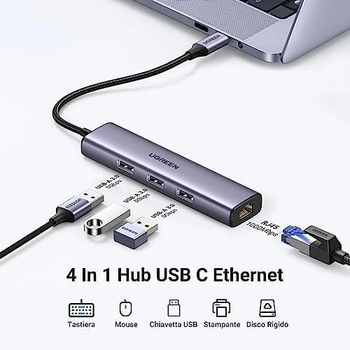 UGREEN CM475 adapteris USB-C šakotuvas prie 3x USB 3.0, RJ45, USB-C PD (pilkas)