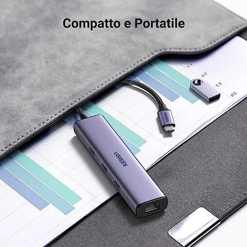UGREEN CM475 adapteris USB-C šakotuvas prie 3x USB 3.0, RJ45, USB-C PD (pilkas)