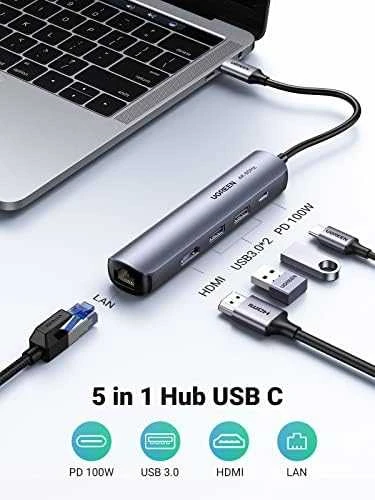 5in1 UGREEN CM418 adapteris USB-C Hub į 2x USB 3.0, HDMI, RJ45, USB-C - Pilkas