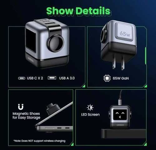 Įkroviklis Ugreen Nexode RG (Robot GaN), 65 W, Juodos spalvos