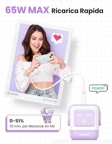 Įkroviklis Ugreen Nexode RG 65W GaN, 2 x USB-C + USB-A, violetinės spalvos
