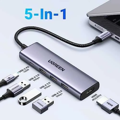 Adapteris Ugreen CM511 USB-C to HDMI 1.4 + 3xUSB-A + USB-C PD100W pilkas