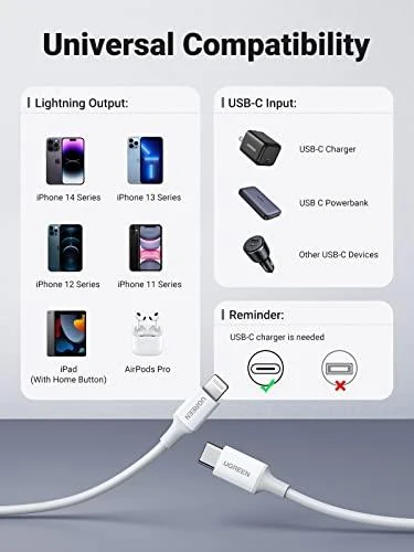 USB laidas Ugreen US171 MFi USB-C iki Lightning 3A 1.0m baltas