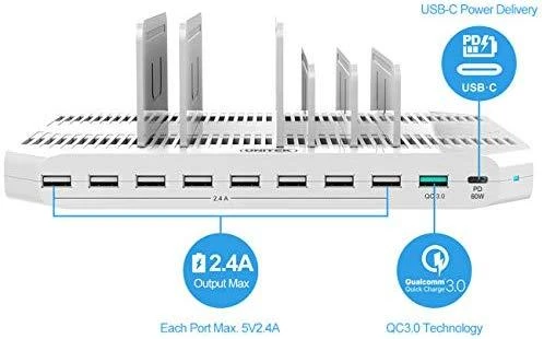 UNITEK Y-2190 įkrovimo stotelė 8x USB 2.4A 160W 2x QC3.0 USB-C Y-2190