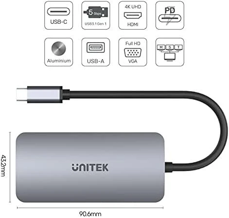UNITEK Hub USB-C 1xUSB 3.1 Gen1 VGA 2xHdmi PD MST D1051A