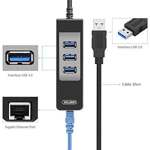 Unitek Deltaco Tinklo adapteris , 10/100 / 1000Mbps , 1xRJ45, 1xUSB3.0, 3x USB3.0, juodas USB3-GIGA3