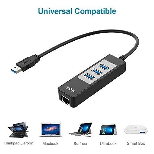 Unitek Deltaco Tinklo adapteris , 10/100 / 1000Mbps , 1xRJ45, 1xUSB3.0, 3x USB3.0, juodas USB3-GIGA3