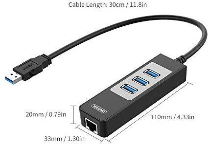 Unitek Deltaco Tinklo adapteris , 10/100 / 1000Mbps , 1xRJ45, 1xUSB3.0, 3x USB3.0, juodas USB3-GIGA3