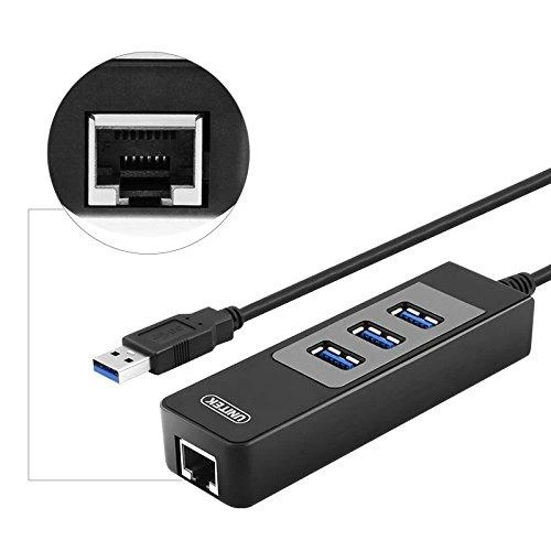 Unitek Deltaco Tinklo adapteris , 10/100 / 1000Mbps , 1xRJ45, 1xUSB3.0, 3x USB3.0, juodas USB3-GIGA3