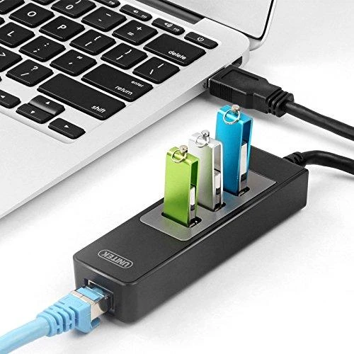 Unitek Deltaco Tinklo adapteris , 10/100 / 1000Mbps , 1xRJ45, 1xUSB3.0, 3x USB3.0, juodas USB3-GIGA3
