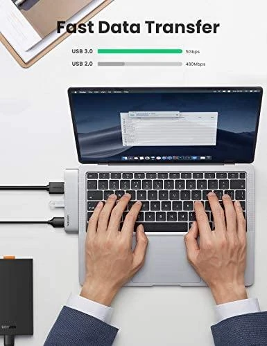 Adapterio šakotuvas UGREEN, 2XUSB_C iki 3x USB 3.0, HDMI