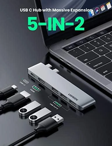 Adapterio šakotuvas UGREEN, 2XUSB_C iki 3x USB 3.0, HDMI