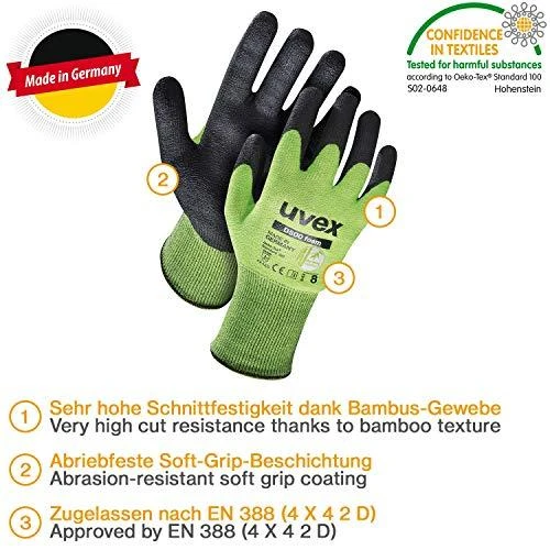 Pirštinės Uvex D500 Foam, D lygio atsparumas pjūviams, Dyneema Diamond, plienas, poliamidas. HPE delno padengimas. Dydis 9