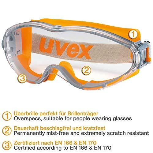 Apsauginiai akiniai Uvex Ultrasonic, skaidri panoraminė linzė, supravision excellence padengimas, guminė juostelė, oranžiniai