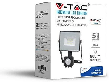10W LED prožektorius V-TAC, 3000K (šiltai balta), su judesio davikliu, juodu korpusu, SAMSUNG LED chip