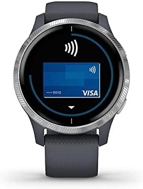 Išmanusis laikrodis Garmin Venu, Sidabro spalvos korpuso apvadas su mėlynai pilkos spalvos dirželiu