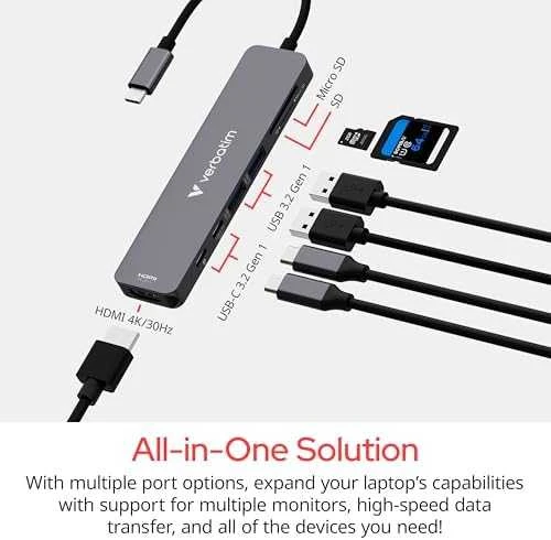 USB Hub Verbatim HDMI/USB-C 3.2/USB-C/2xUSB-A 3.2/SD/Micro SD aliuminio korpusas 32158