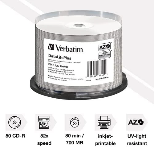 VERBATIM 43745 CD-R Verbatim 50vnt, 700MB, 52x, verpstė Baltas PLATUS SPAUSDINAMAS PAVIRŠIAUS