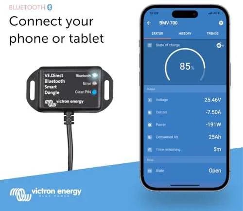 VE.Direct Bluetooth dongle su išmaniojo telefono programėle