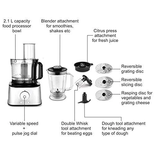 Virtuvinis kombainas KENWOOD Multipro Compact FDM301SS, 800W, 2 greičiai + impulsas, Nerūdijantis plienas peilių geležtės, Inox spalva
