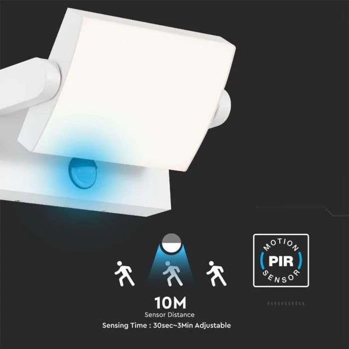 Sieninis šviestuvas V-tac 17W LED paviršinis lauko šviestuvas, baltas, 3000K, su judesio davikliu