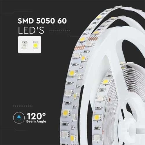 V-tac 8W/m LED juosta, 60 LED/m, RGB + 4000K, 5 metrų ritė