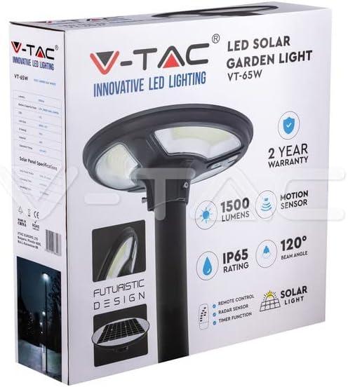 10W sodo šviestuvas V-TAC su judesio davikliu, 4000K, IP65, su 24W saulės baterija, juodas. Valdomas RF, su laikmačiu. Reikalinga atrama LED35010.