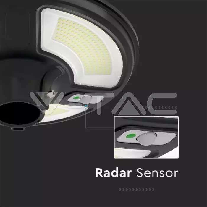 10W sodo šviestuvas V-TAC su judesio davikliu, 4000K, IP65, su 24W saulės baterija, juodas. Valdomas RF, su laikmačiu. Reikalinga atrama LED35010.