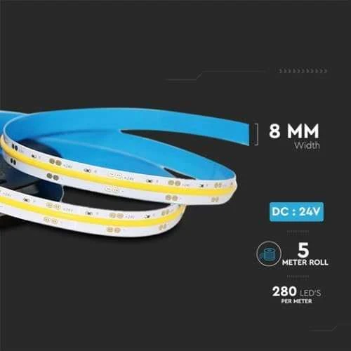 V-tac 10W/m LED COB juosta, 280LED/m, 6500K, 5 metrų ritė