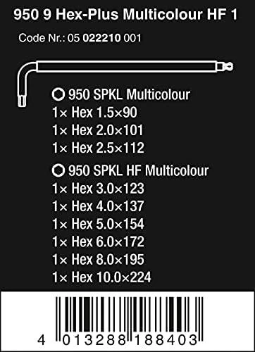 Šešiakampių L-formos raktų komplektas WERA Hex-Plus, 1,5-10 mm, HEX tipo, suapvalintu galu, spalvoti, su prilaikymu, 9 vnt.