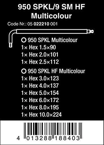 Šešiakampių L-formos raktų komplektas WERA Hex-Plus, 1,5-10 mm, HEX tipo, suapvalintu galu, spalvoti, su prilaikymu, 9 vnt.