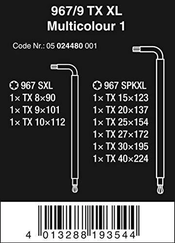 Wera L-formos raktų rinkinys, daugiaspalvis XL TORX varžtams, ilgoji versija 967/9 TX XL