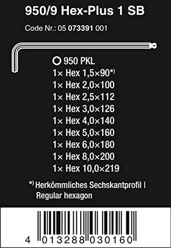 Šešiakampių raktų komplektas WERA Hex-Plus, 1,5-10 mm, HEX tipo, suapvalintu galu, chromuoti, 9 vnt.