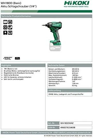 Hikoki WH18DDW4Z suktuvo techninių duomenų specifikacija