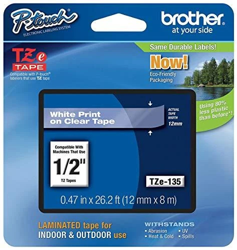 Brother Brolis | TZe-135 laminuota juosta | Baltas ant Clear | TZe | 8 m | 1,2 cm