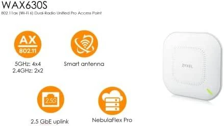 „Zyxel Networks“ ZYXEL WAX630S AX3000 2X2+4X4 MU-MIMO, IŠMANI ANTENA, ĮSKAIČIUOTA 1 METŲ NEBULA PRO, 1X1G ir 1X1/2,5 GB LAN PRIEŠVAS, POE+(802.3AT), ATSKIRTI / NEBULADLOUD