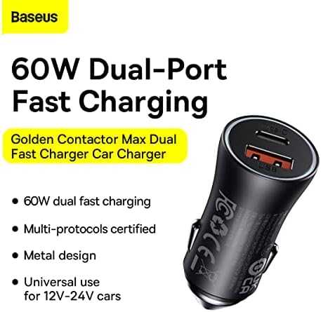 Automobilinis įkroviklis Baseus Golden Contactor Max USB + USB-C 60W - pilkas
