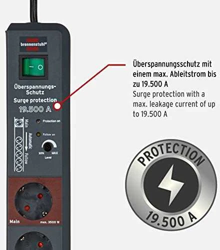 Brennenstuhl Secure-Tec, Ilgintuvas 6xCEE 7/4 lizdai, 1xCEE 7/7 jungtis, su jungtuku, viršįtampių apsauga, 3m kabelis, apsauga nuo augintinių, juodas 1159490966 / GT-438