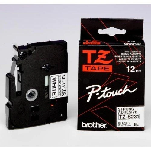 Brother | TZ-S231 Strong Adhesive Laminated Tape | Juodas on Baltas | TZe | 8 m | 1.2 cm