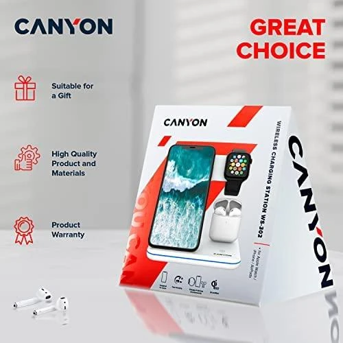 Universalus Belaidis įkroviklis Canyon 3in1 Wireless Charger WS-302, tinka vienu metu įkrauti Apple Watch, iPhone ir Airpods