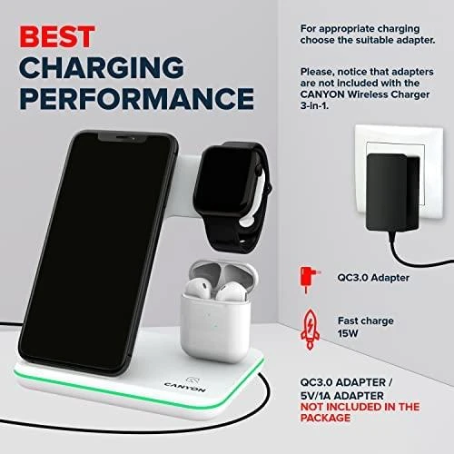 Universalus Belaidis įkroviklis Canyon 3in1 Wireless Charger WS-302, tinka vienu metu įkrauti Apple Watch, iPhone ir Airpods