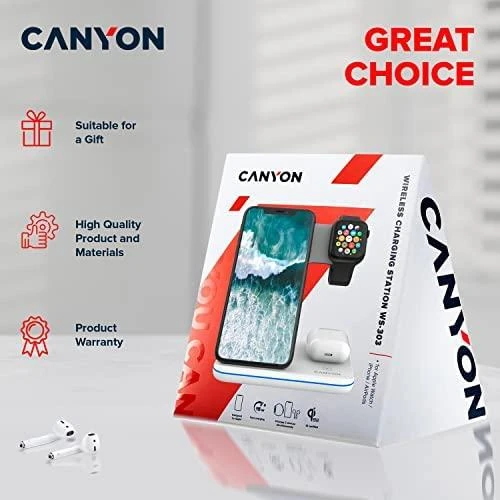 Universalus Belaidis įkroviklis Canyon 3in1 Wireless Charger WS-303, tinka vienu metu įkrauti Apple Watch, iPhone ir Airpods