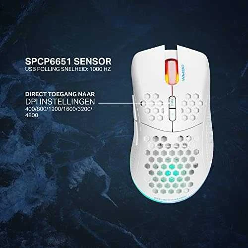 Belaidė itin lengva žaidimų pelė DELTACO GAMING Baltas LINE 70g svorio, RGB, SPCP6651, 400-6400 DPI, 1000 Hz, balta / GAM-120-W