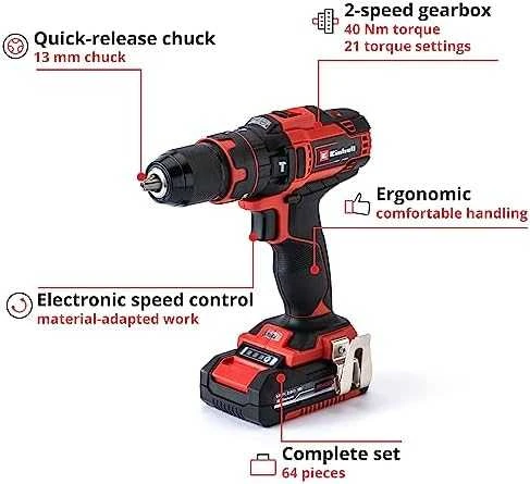 Einhell smūginis suktuvas gręžtuvas TE-CD 18/40 Li-i + 64 priedai (2×2,0Ah) 4513992