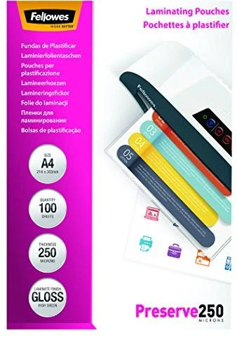 LAMINATOR POUCH GLOSSY/A4 250 100PCS 5401802 FELLOWES