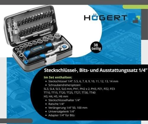 Įrankių komplektas Hogert HT1R462; 1/4''; 38 vnt.
