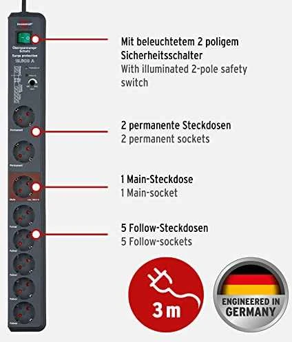 Brennenstuhl Secure-Tec 19.500A, 8xCEE 7/4, 1xCEE 7/7, 3m, juodas 1159490936 / GT-636
