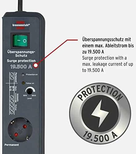 Brennenstuhl Secure-Tec 19.500A, 8xCEE 7/4, 1xCEE 7/7, 3m, juodas 1159490936 / GT-636