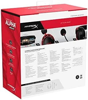 HyperX Cloud Alpha Wireless pakuotė su techniniais duomenimis