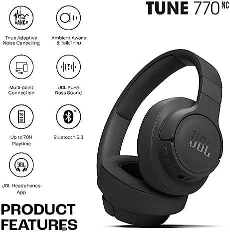 JBL T770NC juodos ausinės su specifikacijų piktogramomis